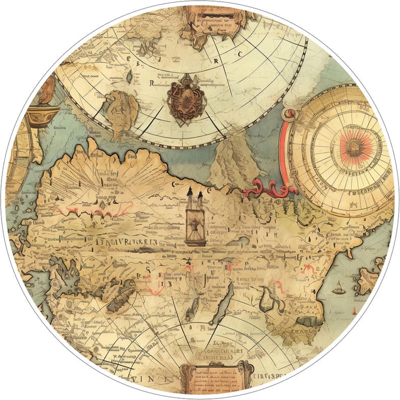 May include: A circular wall art piece featuring a vintage-style map with beige parchment tones, intricate black line work, and detailed cartographic illustrations. The design includes navigational compass elements, stylized landmasses, and text.