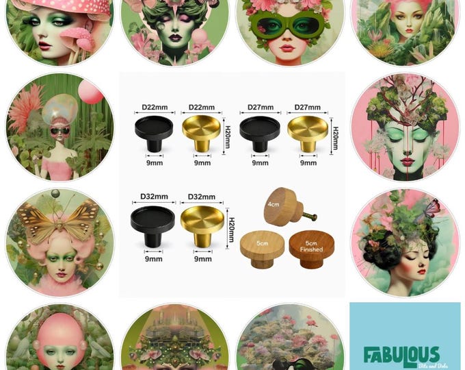Surrealism Art Drawer Knobs, Wooden or Brass, Glass Cabochon