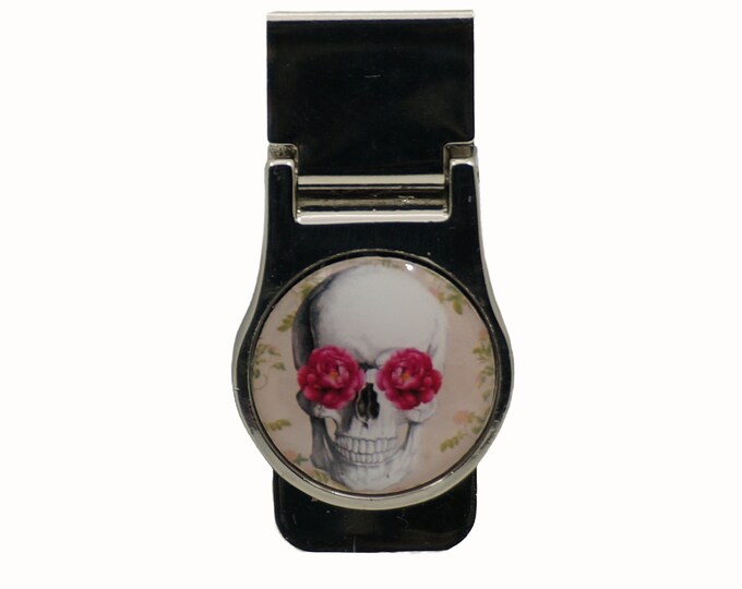 Gothic, Skull and Roses, Pink Roses, Stainless Steel Money Clip, Pocket Money Holder, Money Clip Holder