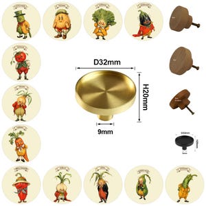 May include: A selection of cabinet knobs and vegetable character illustrations. The main brass knob is 3.2cm in diameter and 2cm high. Other knobs are wood. The illustrations feature a cucumber, potato, cabbage, eggplant, tomato, onion, carrot, bell pepper, garlic, corn, and green beans.