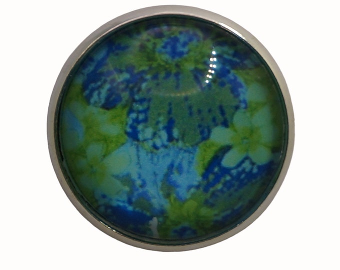 Blue and Green, Patterned, Round Metal Brooch, Silver Plated, 2.5cm Brooch, Glass, Scarf Pin, Lapel Pin