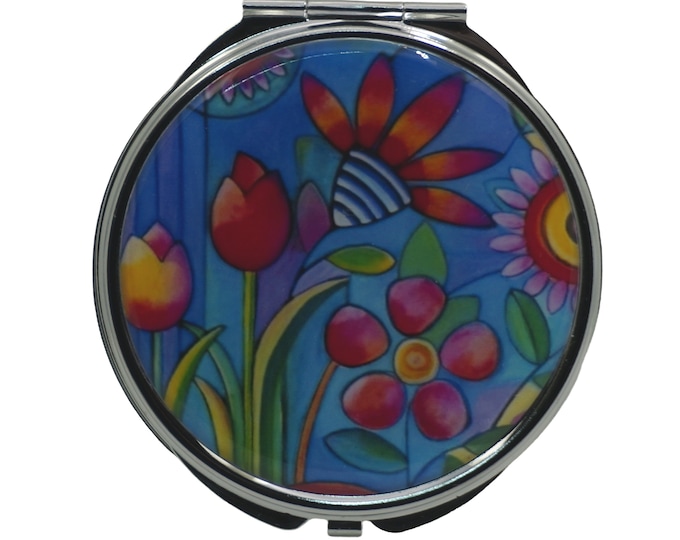 Bright Flowers, Floral,  Large Pill Box, Mirror, Medicine Case, Pill Case, Medication Container, Silver Pill Box, Three Sectioned Pill Box
