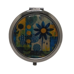 Blue Green Yellow Flowers, Floral, Compact Mirror, Purse Mirror, Pocket Mirror, Handbag Mirror