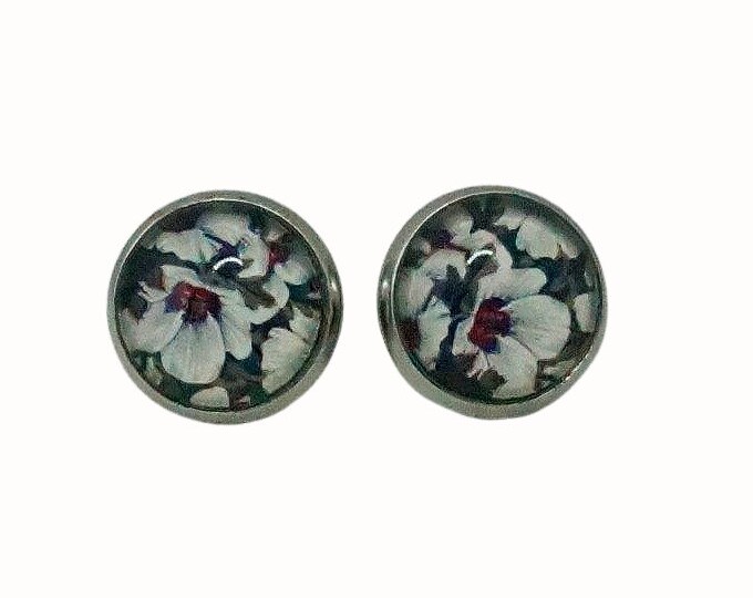 12mm Stainless Steel Stud Earrings Floral Flowers White Flowers