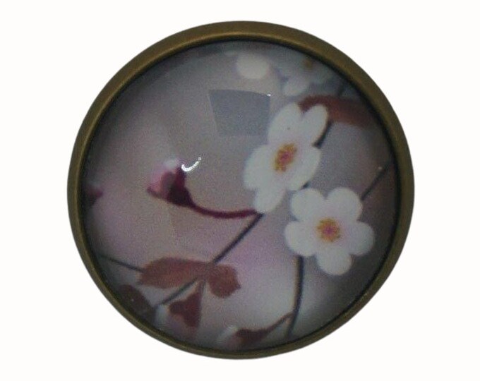 Japanese Blossom, Round Metal Brooch, Bronze, 2.0cm Brooch, Glass, Scarf Pin, Lapel Pin