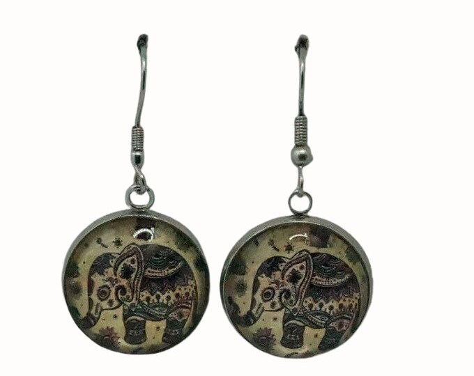 Stainless Steel Glass Tile Hooped Earrings Accessories Elephants Batik Elephant