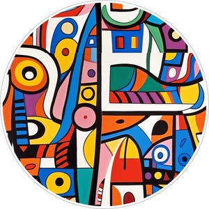 May include: A circular wall art piece featuring a vibrant abstract composition with bold black outlines. The design incorporates geometric shapes and curved lines in bright shades of orange, blue, yellow, red, pink, green, and purple on a white background.