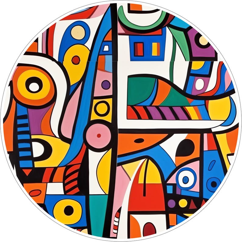 May include: A circular wall art piece featuring a vibrant abstract composition with bold black outlines. The design incorporates geometric shapes and curved lines in bright shades of orange, blue, yellow, red, pink, green, and purple on a white background.
