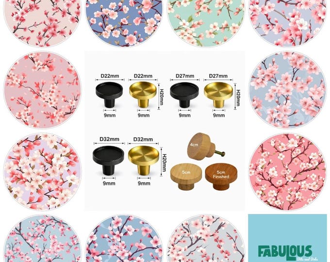 Japanese Blossom Drawer Knobs, Cabinet Handles, Round Wooden Drawer Knobs, Drawer Handles, Cabinet Pulls, Brass Knobs