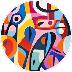 May include: A circular wall art piece featuring a vibrant abstract composition of bold, interlocking shapes. The design incorporates a palette of bright yellow, deep blue, magenta, orange, light pink, and black lines on a white background.