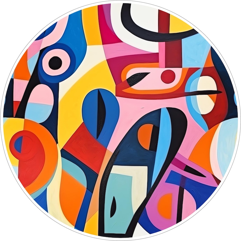 May include: A circular wall art piece featuring a vibrant abstract composition of bold, interlocking shapes. The design incorporates a palette of bright yellow, deep blue, magenta, orange, light pink, and black lines on a white background.