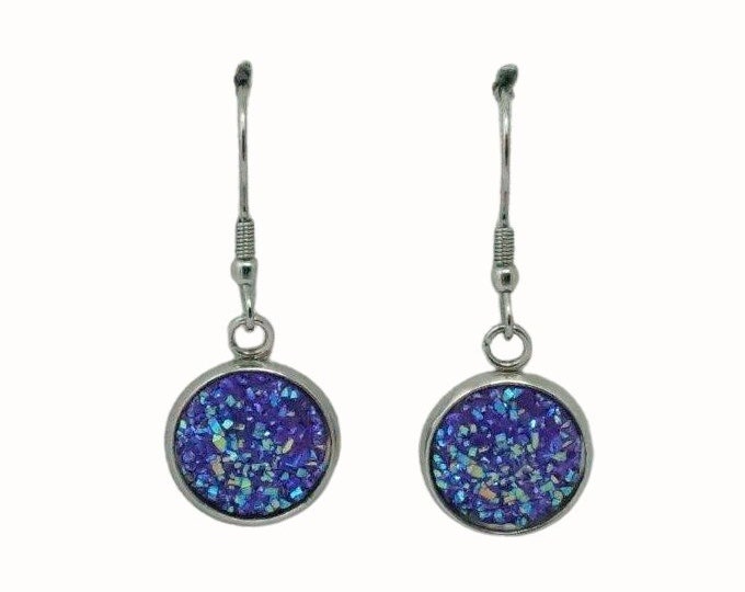 12mm Round Stainless Steel Drop Earrings Accessories Druzy Cabochon Purple