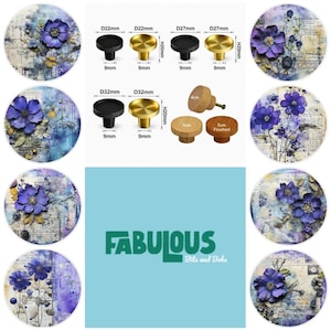 Purple Flowers Drawer Knobs: Brass Glass Cabochon,  Cabinet Pulls, Wooden Drawer Pulls