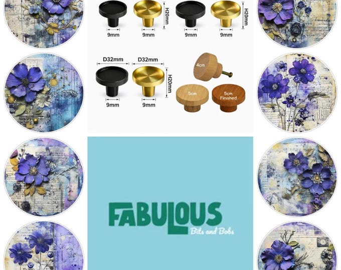 Purple Flowers Drawer Knobs: Brass Glass Cabochon,  Cabinet Pulls, Wooden Drawer Pulls