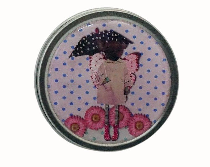 Hand Decorated Round Storage Tin: Butterfly Winged Dog, Gift Keepsake Box (7x4cm)