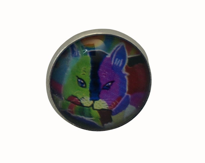 Cat, Colored Cat, Round Metal Brooch, Silver Plated, 2.0cm Brooch, Glass, Scarf Pin, Lapel Pin