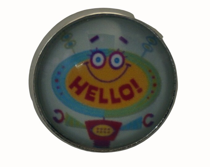 Hello, Robot, Round Metal Brooch, Silver Plated, 2.0cm Brooch, Glass, Scarf Pin, Lapel Pin