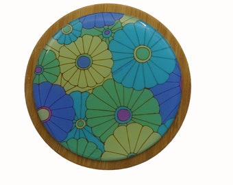 100ml Round Screw Top Bamboo Box, Wooden Box, Refillable Cosmetic Container, Jewellery Box, Keepsakes Box, Trinket Box, Floral, Blue, Green