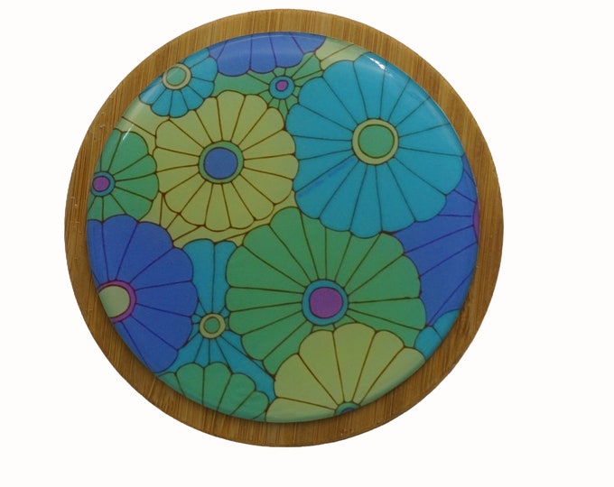 100ml Round Screw Top Bamboo Box, Wooden Box, Refillable Cosmetic Container, Jewellery Box, Keepsakes Box, Trinket Box, Floral, Blue, Green