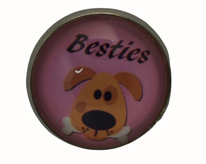 Dog, Besties, Round Metal Brooch, Silver Plated, 2.0cm Brooch, Glass, Scarf Pin, Lapel Pin