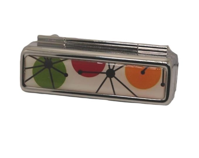 Retro Atomic Circles Lipstick Holder with Mirror, Mid Century Handmade Case