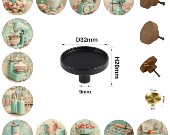 Retro Kitchen Round Wooden Drawer Knobs, 5cm Cabinet Pulls, Brass Knobs