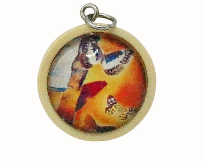 Wooden Backed Glass Tile Pendant Necklace Accessories Natural Wooden Pendant Salvador Dali Landscape with Butterflies