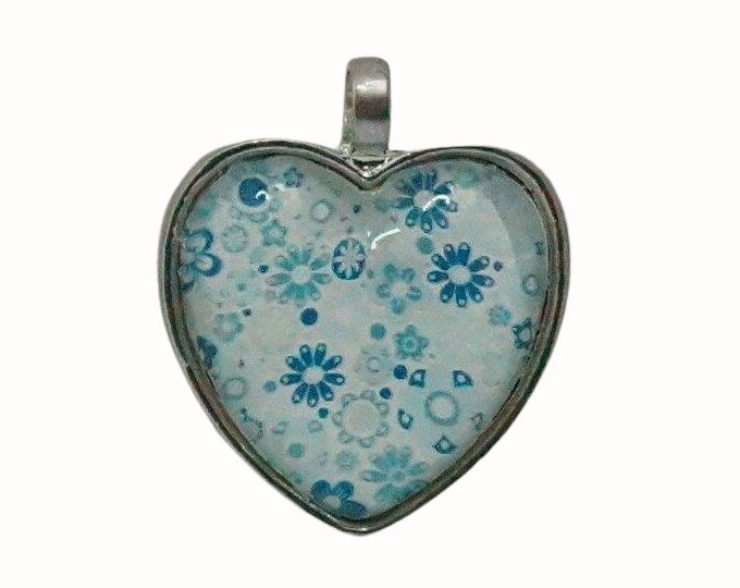 Heart Shaped Pendant Silver Plated Floral Flowers Blue and White