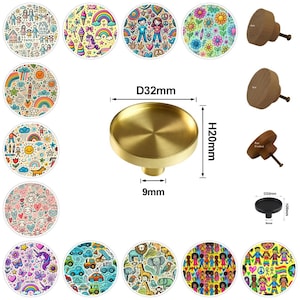 May include: A collection of decorative cabinet knobs and drawer pulls. The image includes round knobs with colorful patterns and wooden knobs. A brass knob is shown with dimensions: 32mm diameter, 20mm height, and 9mm base.