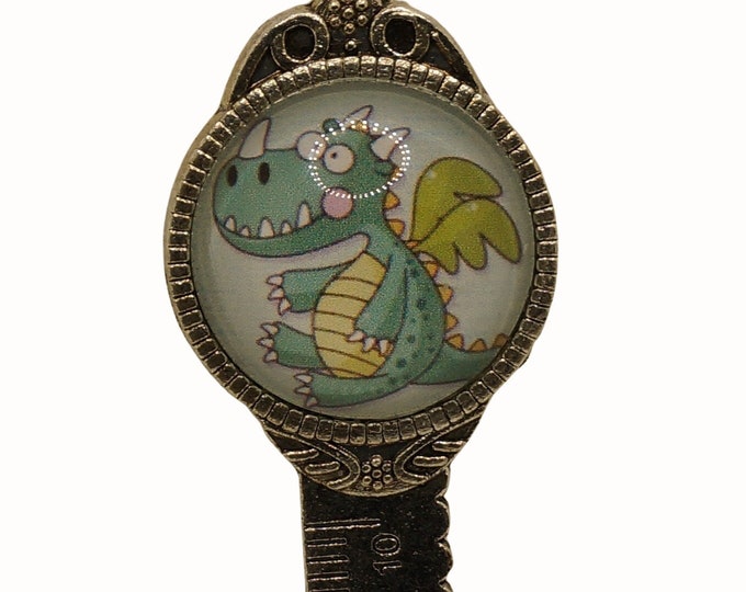 Dinosaur, Antique Silver, Bookmark with Ruler,  2cm Cabochon