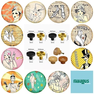 Art Deco Women Drawer Knobs: Round Wooden Cabinet Pulls (5cm) Brass Knobs