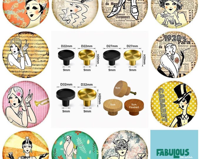 Art Deco Women Drawer Knobs: Round Wooden Cabinet Pulls (5cm) Brass Knobs