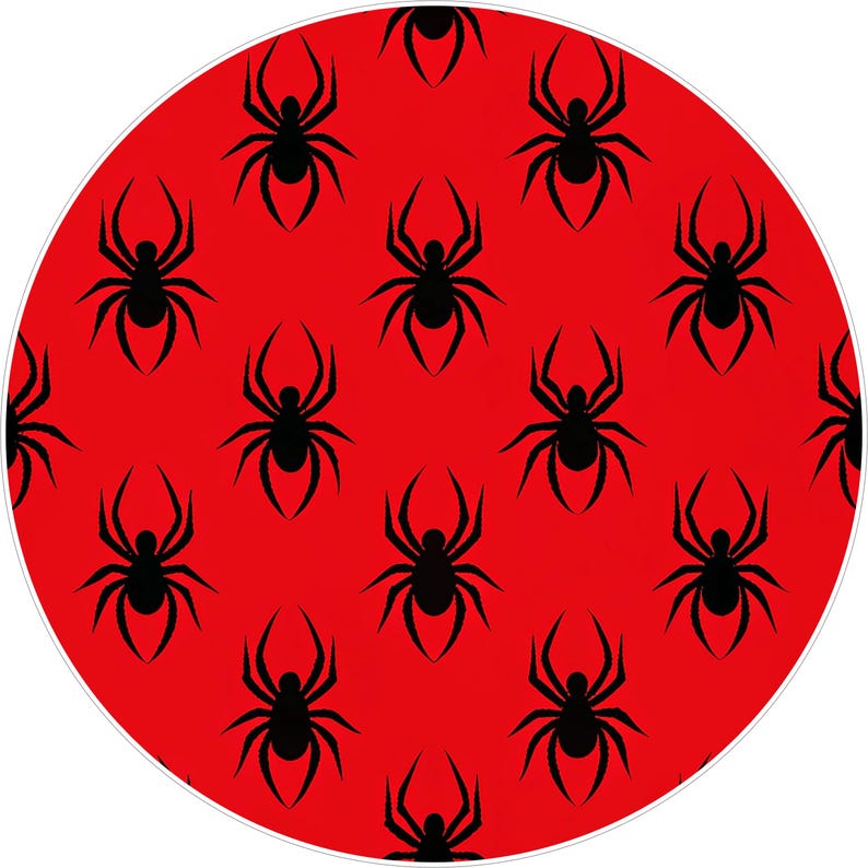 May include: A circular design featuring a repeating pattern of black spiders on a vibrant red background. The spiders are stylized with eight legs and a rounded body, creating a bold and eye-catching design.