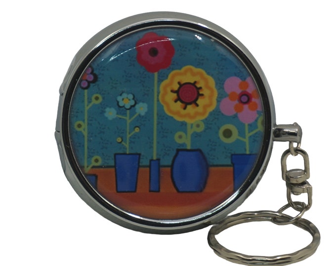 Floral, Bright Flowers, Blue, Yellow, Pink, Portable Ashtray, Personal Stainless Steel Ashtray, Pocket Ashtray, Key Ring Ashtray