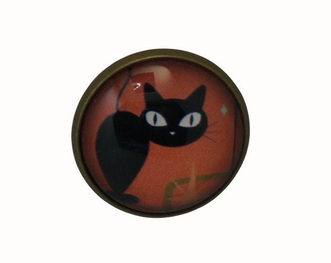 Mid Century Cat, Retro, Round Metal Brooch, Bronze Plated, 2.0cm Brooch, Glass, Scarf Pin, Lapel Pin