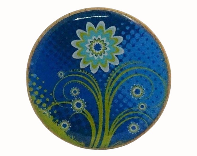Handcrafted Beech Wall Hook, Floral Resin Art, Blue and Green