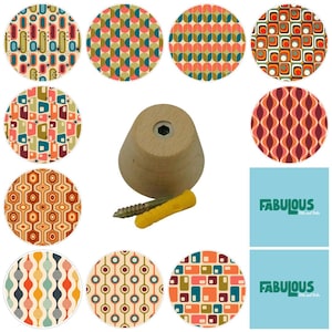 May include: A light-colored wooden furniture knob with a central metal screw hole, accompanied by a metal screw and a yellow plastic wall anchor. The image displays ten circular patterns featuring various geometric shapes in retro color palettes.