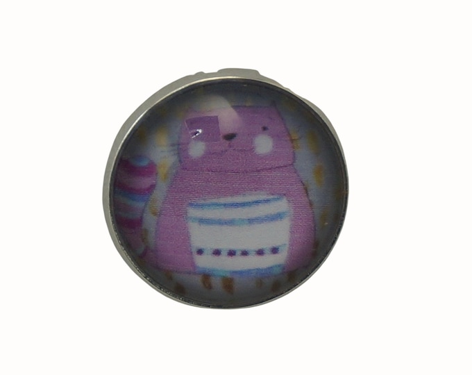 Cat, Pink Cat, Round Metal Brooch, Silver Plated, 2.0cm Brooch, Glass, Scarf Pin, Lapel Pin