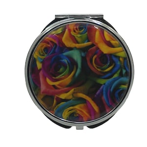 Floral, Roses, Rainbow,  Large Pill Box, Mirror, Medicine Case, Pill Case, Medication Container, Silver Pill Box, Three Sectioned Pill Box