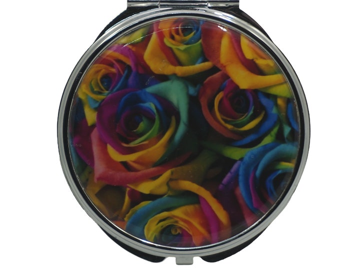 Floral, Roses, Rainbow,  Large Pill Box, Mirror, Medicine Case, Pill Case, Medication Container, Silver Pill Box, Three Sectioned Pill Box