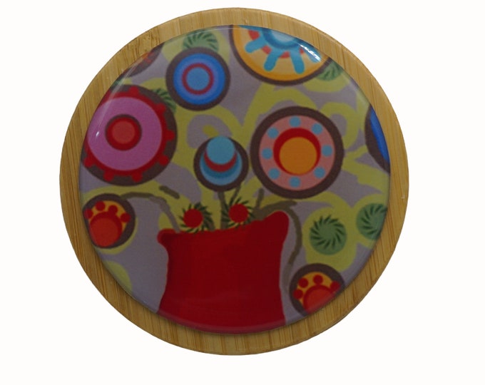 100ml Round Screw Top Bamboo Box, Wooden Box, Refillable Cosmetic Container, Jewellery Box, Keepsakes Box, Trinket Box, Funky Flowers