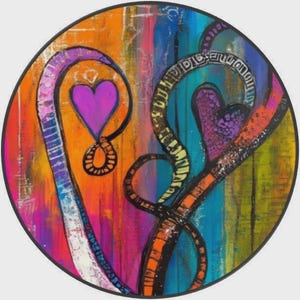 May include: A circular wall art piece featuring an abstract painting with vibrant vertical streaks of orange, blue, pink, and yellow. Two prominent heart shapes are depicted, one solid purple and one textured purple, connected by black lines.