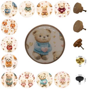 Puxadores de Gaveta, Ursos, Ursos de Pelúcia, Quarto Infantil, Puxadores de Armário de 5 cm, Puxadores de Gaveta para Móveis, Puxadores de Gaveta Redondos de Madeira, Puxadores de Gaveta