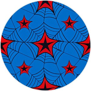 May include: A round, blue graphic featuring a repeating pattern of red stars with black centers and black spiderweb-like lines. The stars have a five-point design. The background is a solid, bright blue.