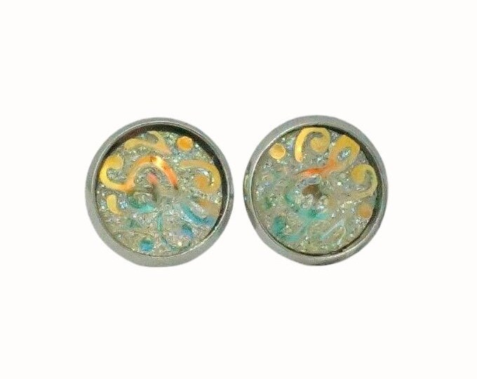 12mm Round Stainless Steel Glass Stud Earrings Druzy Cabochon Music Notes White