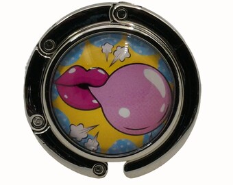 Purse Hook Bag Holder Table Top Bag Hanger, Pop Art, Lips, Bubblegum
