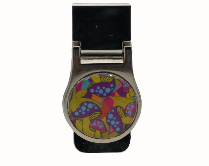 Funky Mushrooms, Hippy, Stainless Steel Money Clip, Pocket Money Holder, Money Clip Holder
