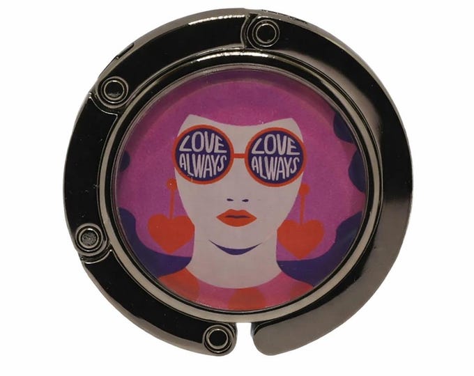 Funky Face with Glasses, Love Always, Purple, Purse Hook, Bag Holder, Table Top Bag Hanger