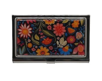Mexican Floral Card Holder, Metal Business Card Case, Cigarette Case, Credit Card Protector, Business Card Holder