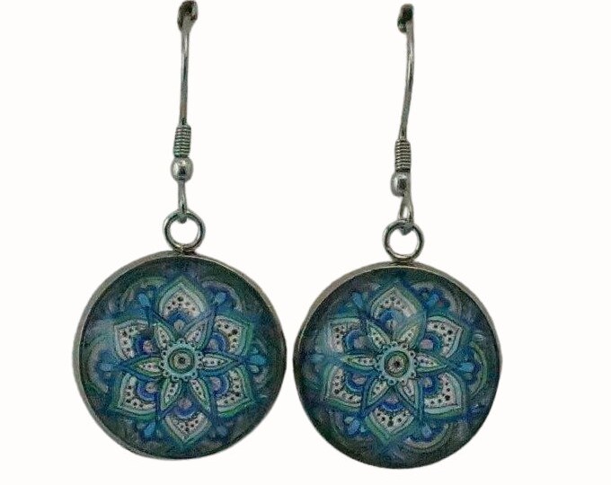 Stainless Steel Glass Tile Hooped Earrings Accessories Patterned Blue and Green Mandalas